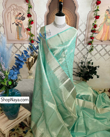 ShopNaya Exclusive | Metallic Kanchipuram Pure Silk Saree | Pastel Cyan Blue | Pure Silver Zari | Handwoven | Ships from California